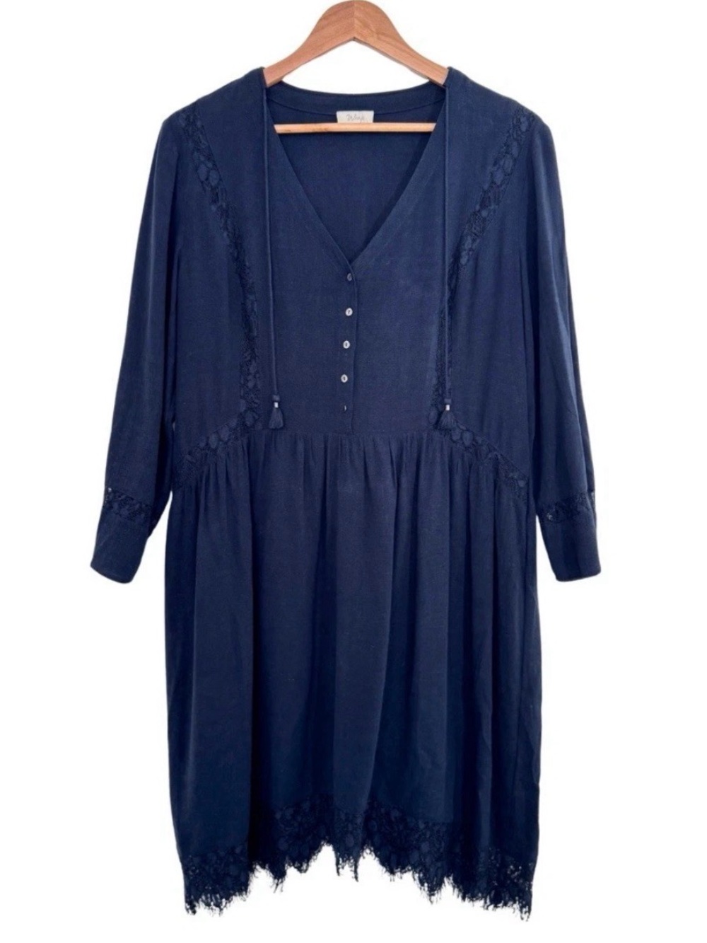 Wrap London Navy Long Sleeve Lace Trim Midi Dress